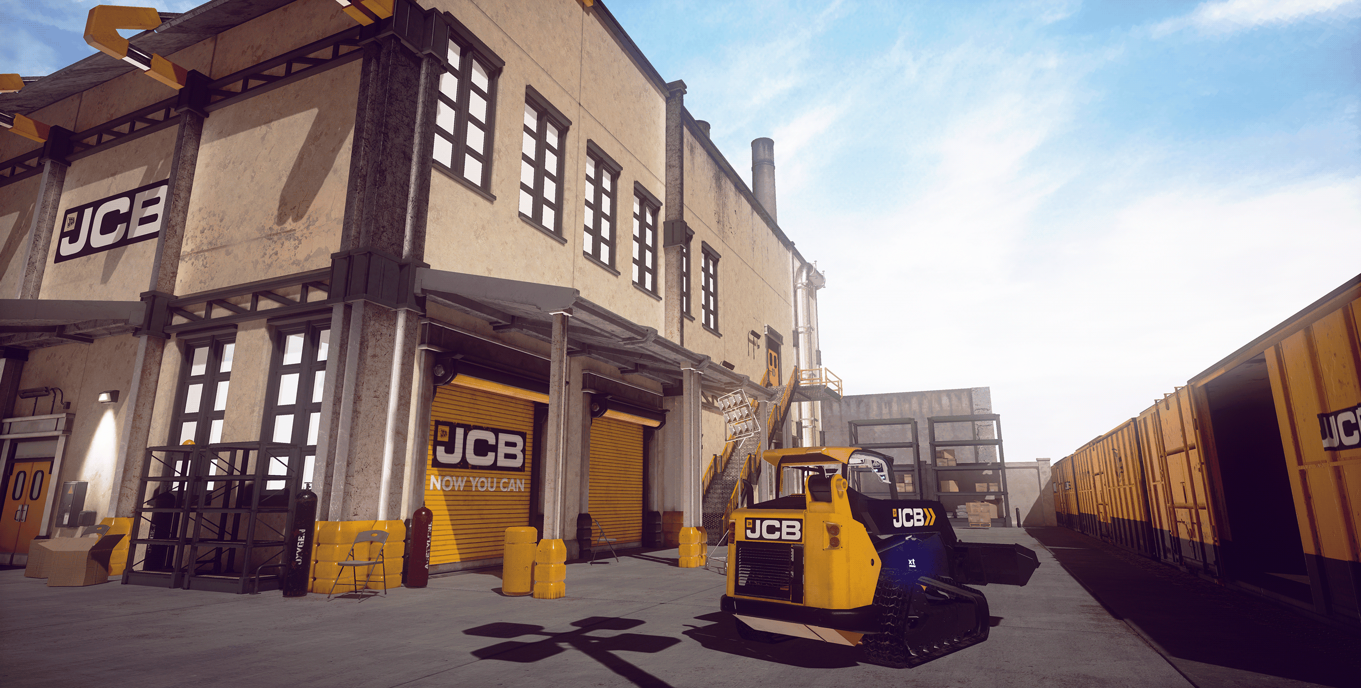 JCB Teleskid driving through a test train yard to load up pallets and dirt.